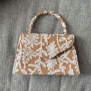 Haute Hippie Cork Embroidered White Floral Purse